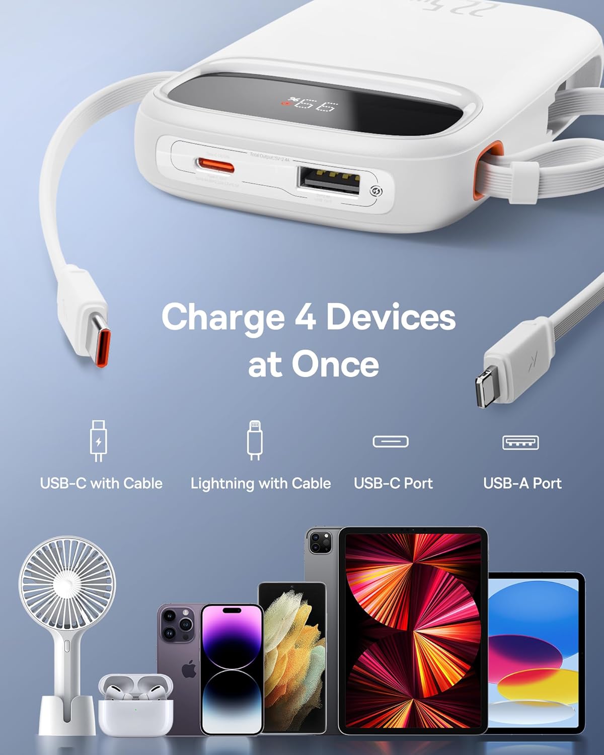 Baseus Cargador portátil, cargador portátil de 22.5 W, 10000 mAh, cargador de teléfono portátil de carga rápida con cable de salida iOS y USB-C