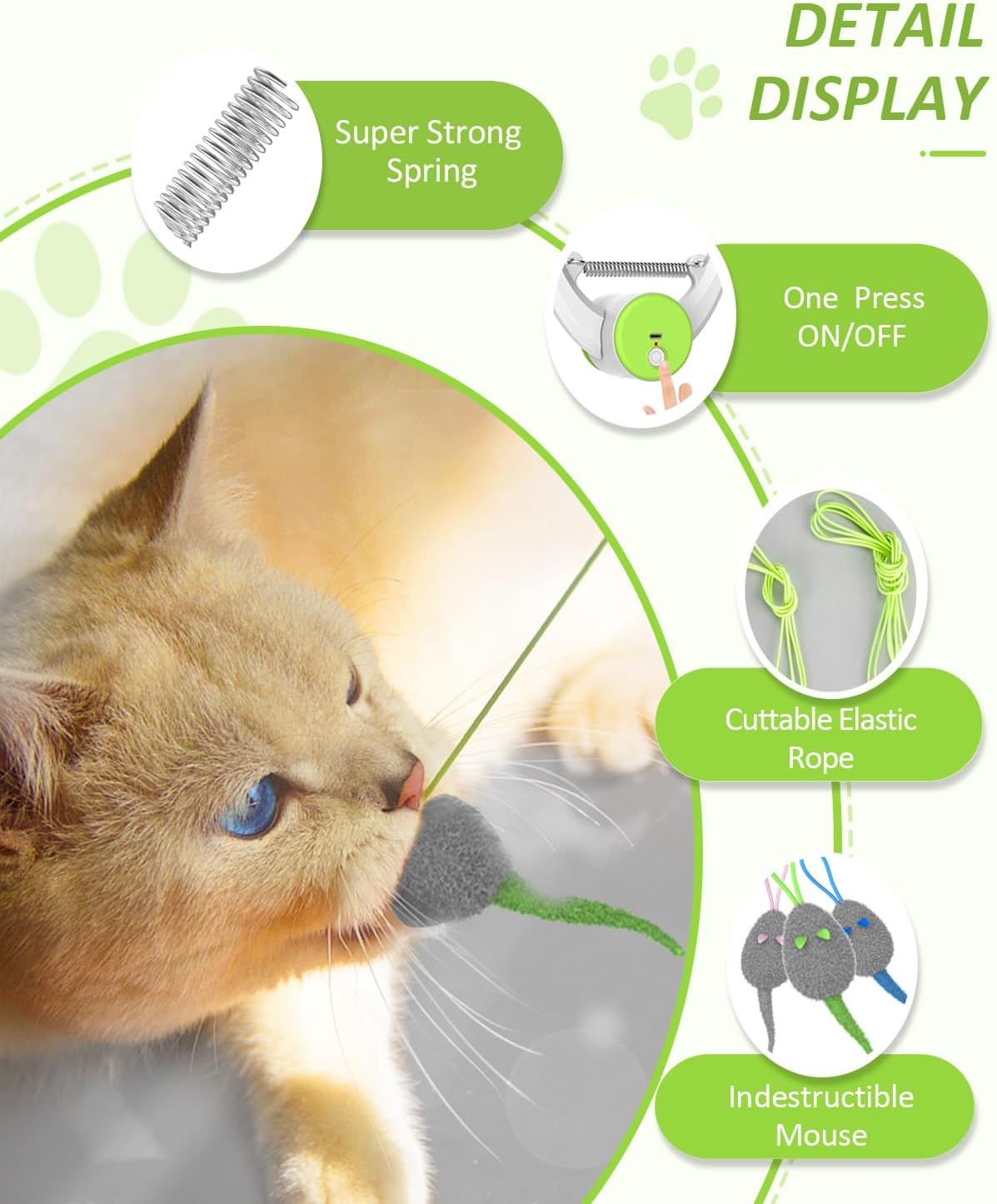 Juguete recargable para gatos activado por movimiento con coloridos ratones rebotantes, cuerda elástica y plumas, para gatos y gatitos de interior