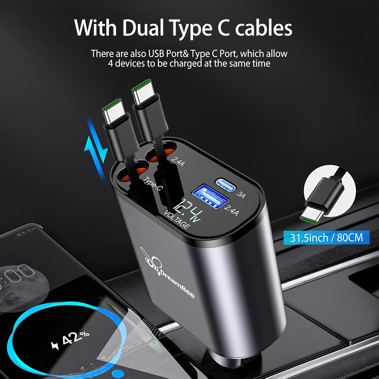 Retractable Car Charger,66W Super Fast USB Car Phone Charger,Dual TypeC Retractable Cables (31.5 inch) and 2 USB Ports Car Charger Adapter for