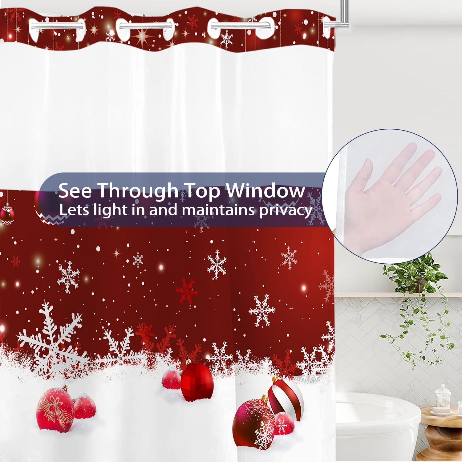 PAOPOED Cortina de ducha de Navidad sin gancho, copos de nieve de Navidad rojos, bolas de Navidad divertidas con purpurina brillante, cortinas de