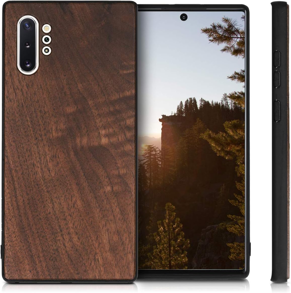 kwmobile Funda de madera real compatible con Samsung Galaxy Note 10 Plus, cubierta de madera dura con parachoques de TPU, color marrón oscuro