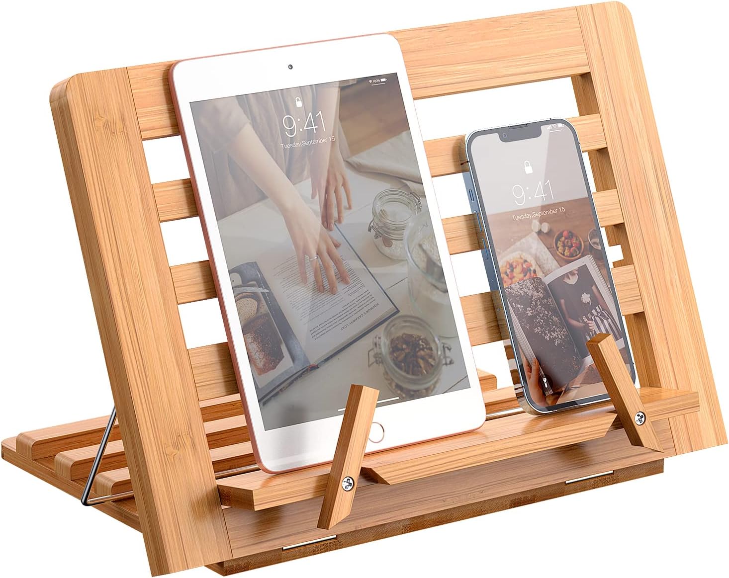 Soportes de madera para leer manos libres, soportes para libros de cocina y soportes – Soporte para libros de cocina para exhibición de cocina, con