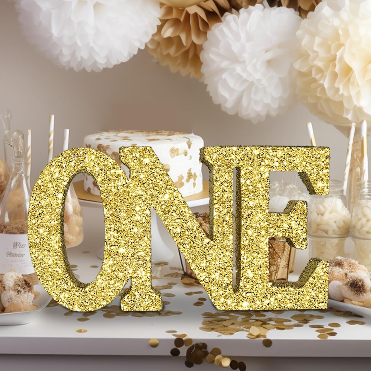 Eploger Letrero dorado pálido con purpurina para el primer cumpleaños, decoraciones de primer cumpleaños para niños y niñas