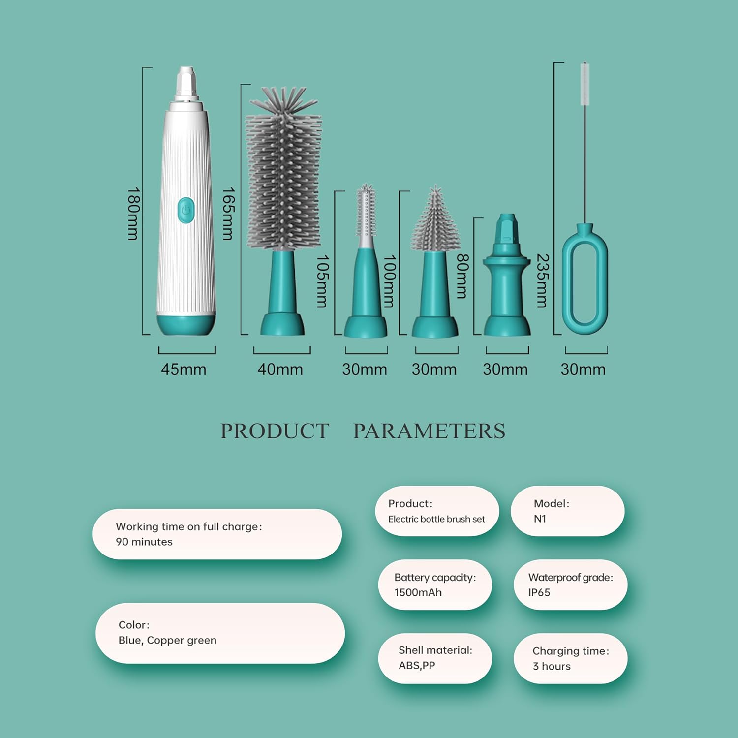 Juego de cepillos eléctricos para botellas con cepillo para biberón de 4 piezas, cepillo para biberón, cepillo para pezones, cepillo para popote y