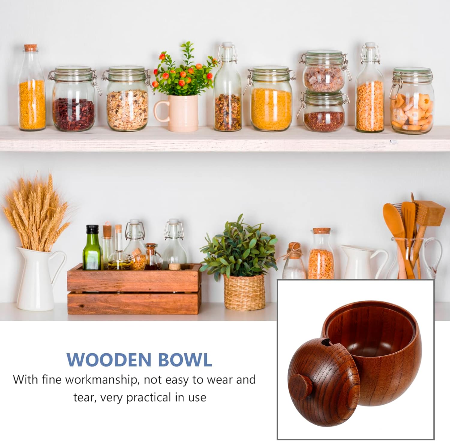 Cuenco de madera maciza de estilo japonés con tapas para servir ensalada, arroz, miso, sopa, frutas, cocina, preparación, platos de dulces, cuencos