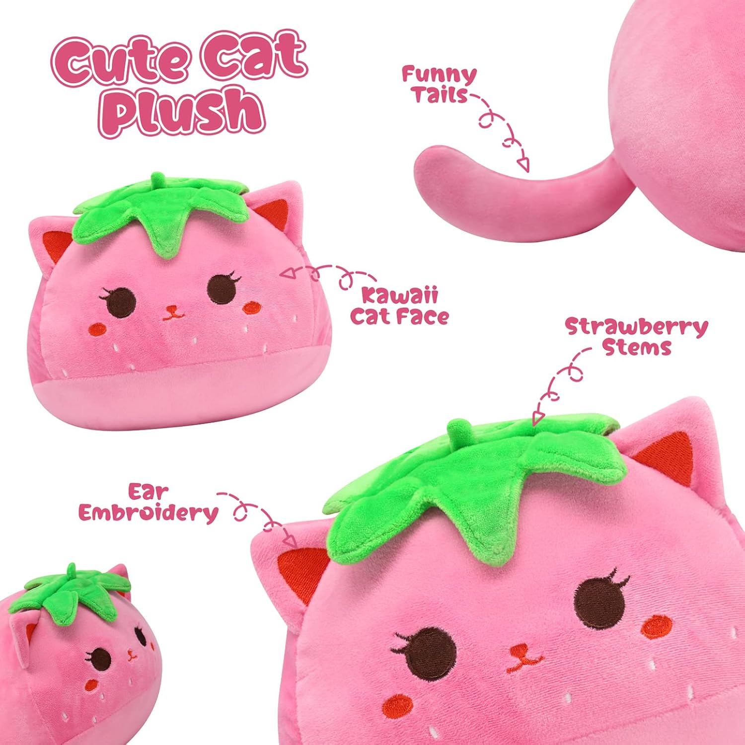 Almohada de felpa con diseño de gato de fresa de 12 pulgadas, lindo animal de peluche de gato rosa, juguete de peluche suave para niños, niñas y
