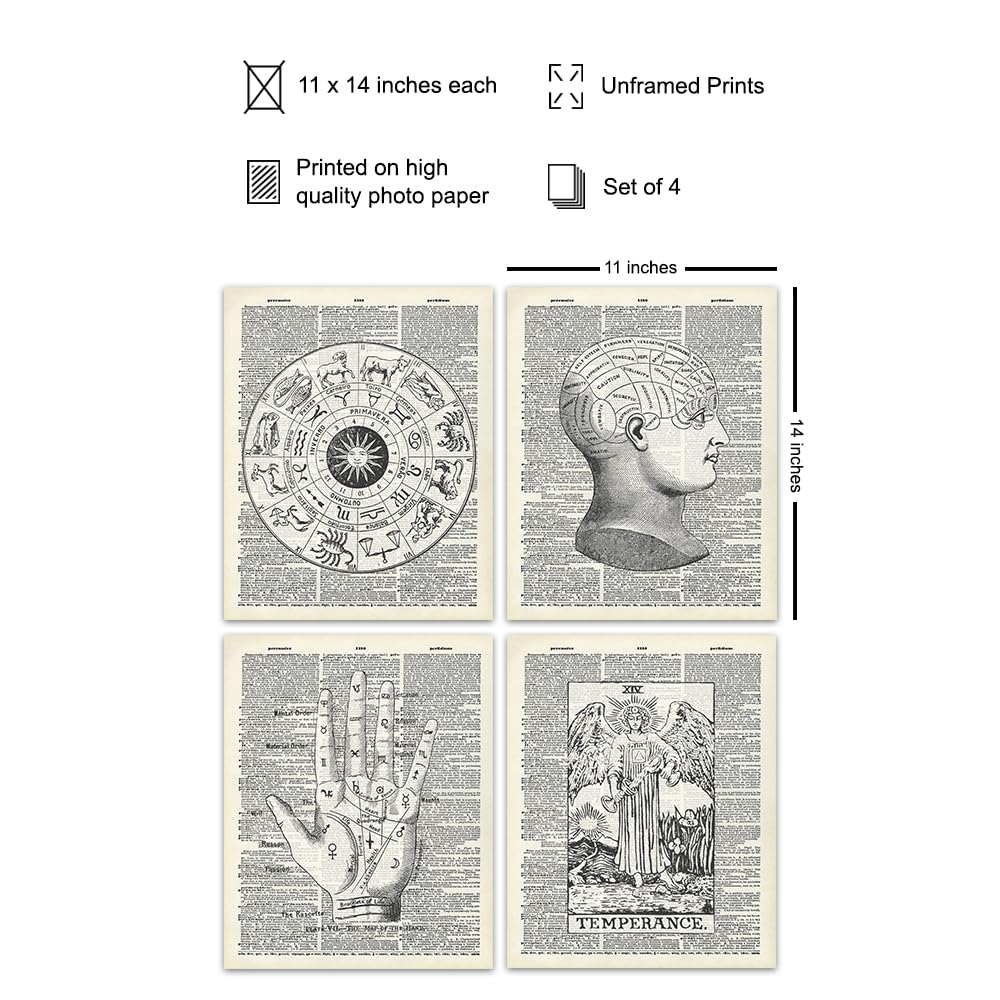 Zodiac Signs Tarot Wall Art 11×14 – Vintage Mystical Arts Home Decor – Cool Eclectic Aesthetic Trendy Gothic Dictionary Art – Psychic, Occult,