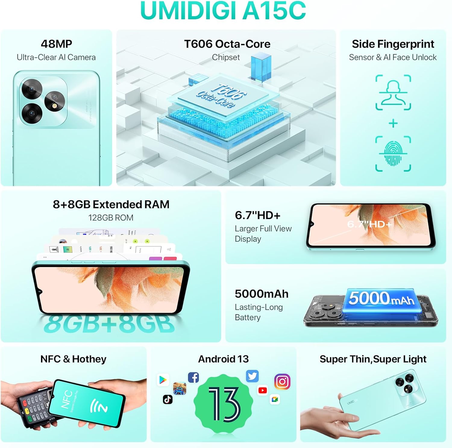 UMIDIGI A15C (8+8GB RAM+128GB ROM) Android 13 NFC teléfono celular desbloqueado, cámara AI ultra clara de 48 MP, teléfono inteligente de batería de