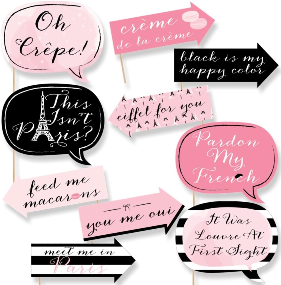 Big Dot of Happiness Funny Paris, Ooh La La – Kit de accesorios para cabina de fotos con temática de París, 10 piezas