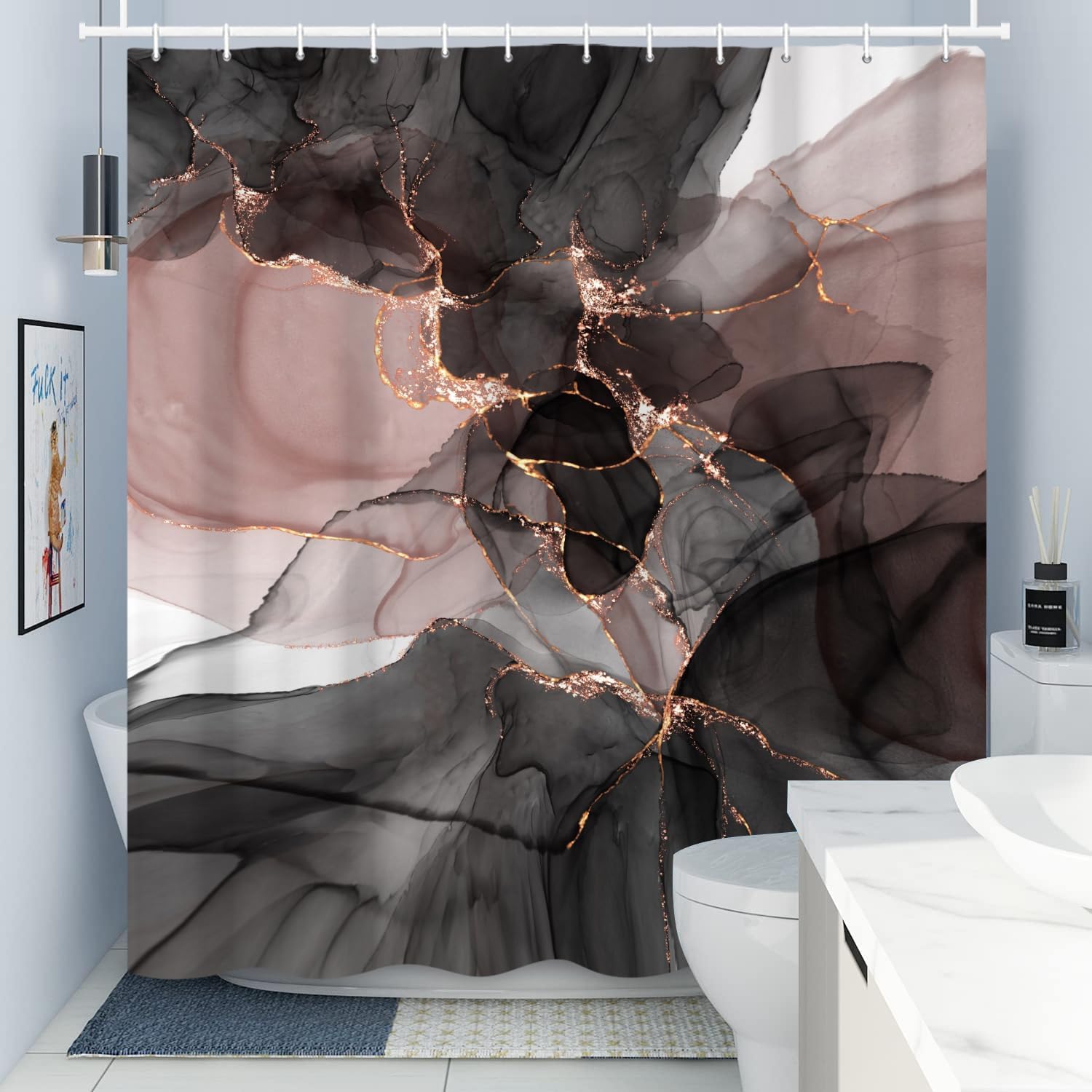 Cortina de ducha de mármol rosa dorado de 72 pulgadas de ancho x 72 pulgadas de alto, modernos juegos de cortinas de ducha abstractas negras y
