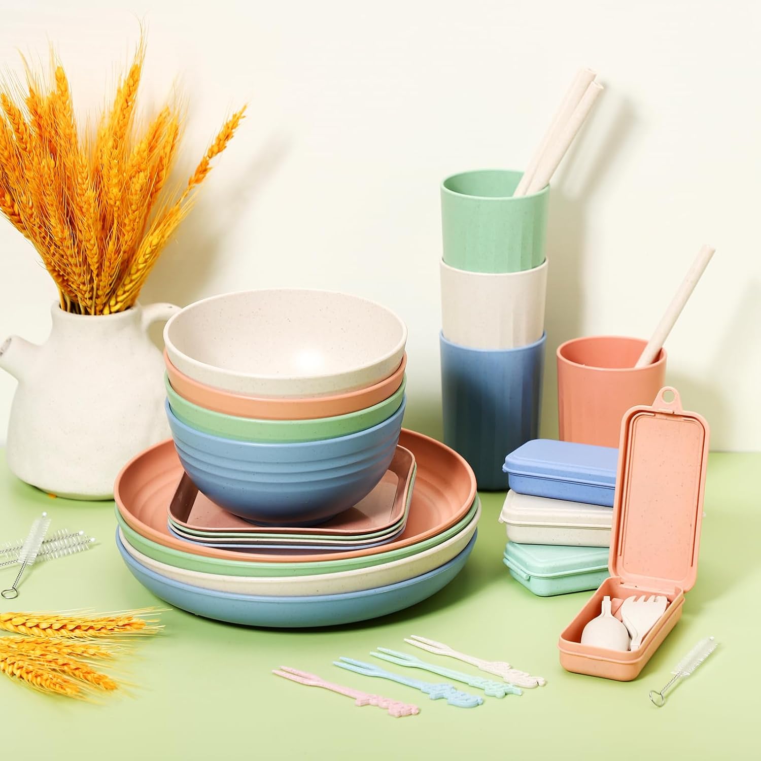 Zhehao Juego de vajilla de paja de trigo de invierno de 48 piezas reutilizable para niños, platos ligeros irrompibles, tazas, cuchillos, tenedores,