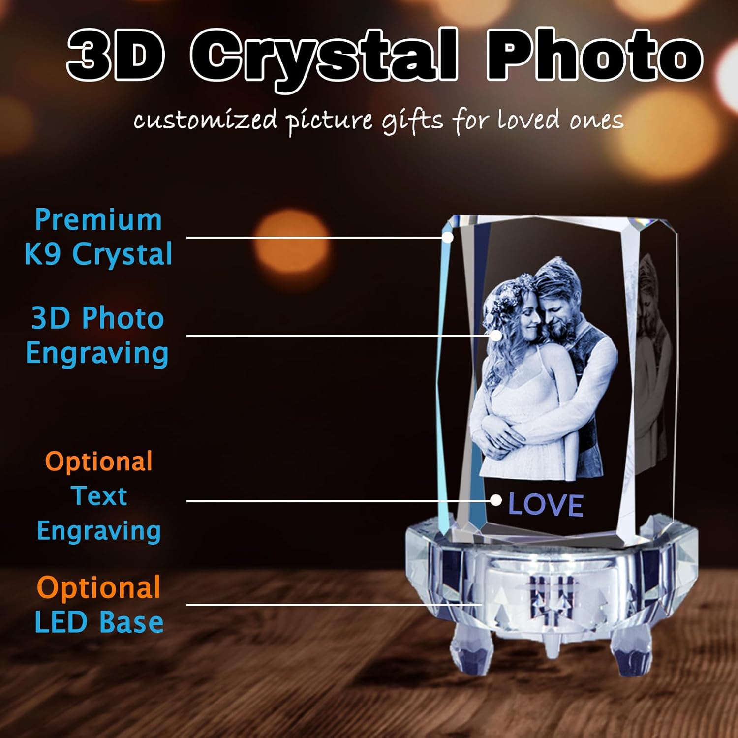 IFOLAINA Foto de cristal 3D, regalo personalizado con tu propia foto grabada con láser 3D, conmemorativo, boda, aniversario, Navidad, día del padre,