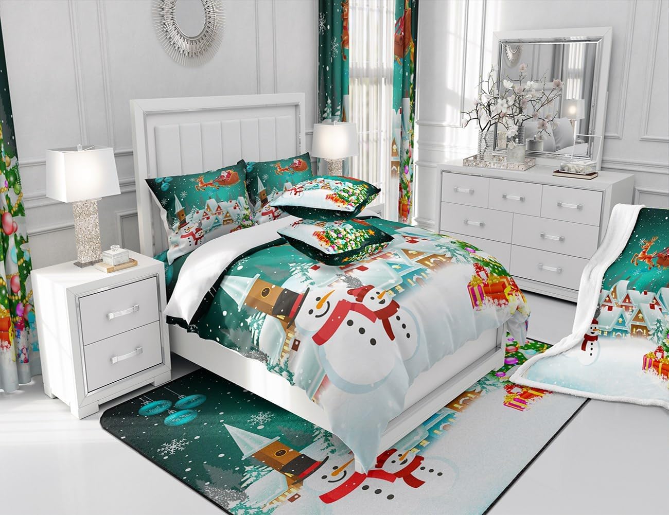 Manfei Juego de funda de edredón de Navidad, tamaño individual, juego de ropa de cama de árbol de Navidad, muñeco de nieve, 2 piezas para decoración