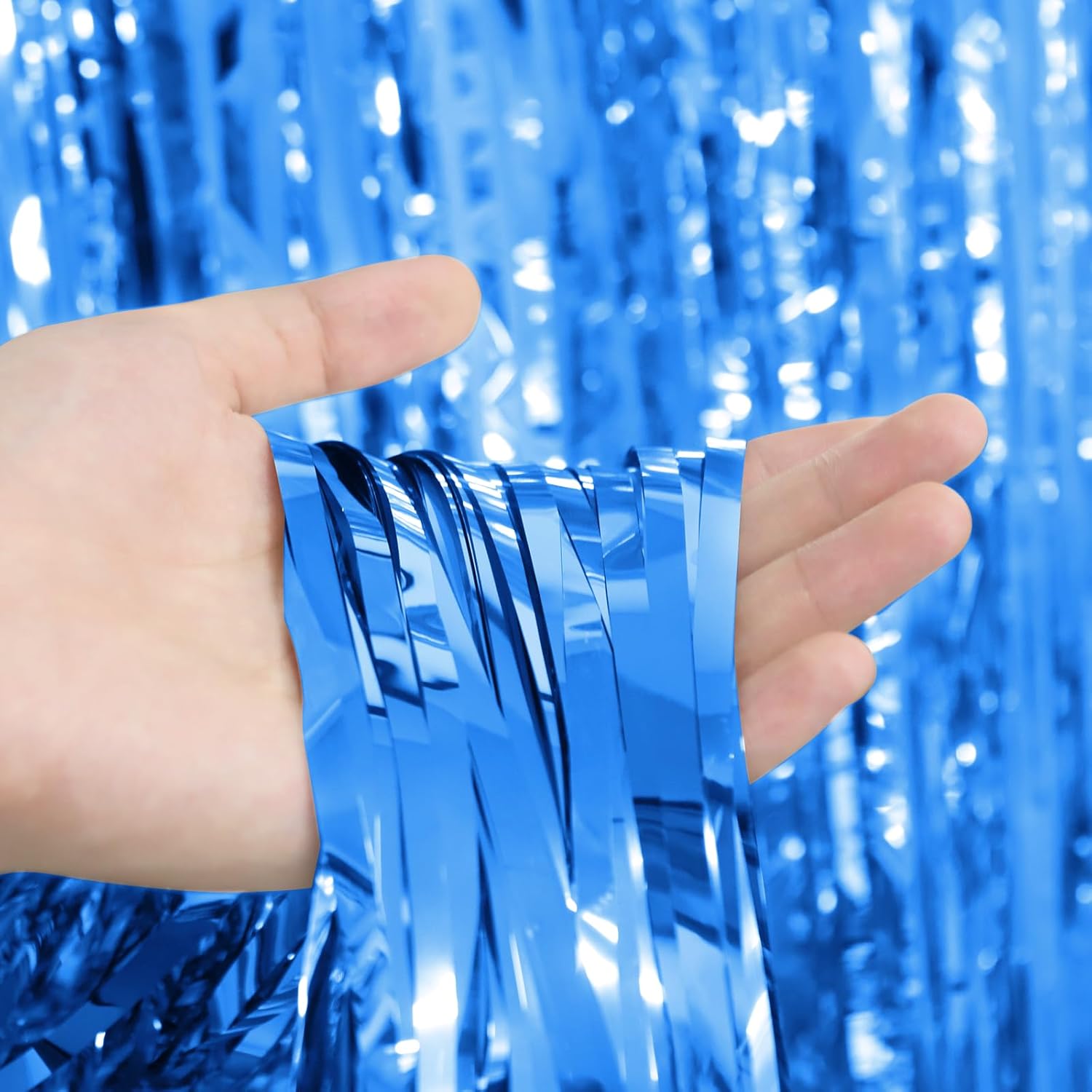 Cortinas de fondo de flecos de papel de aluminio azul, paquete de 3 unidades de 3.3 x 9.9 pies, cortina de oropel azul, decoración de fiesta, telón