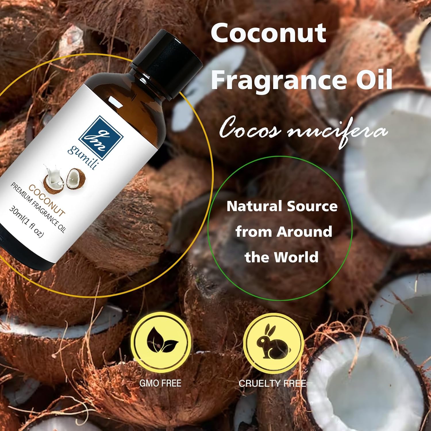 GM Gumili Aceite de coco, aceite de fragancia para el hogar, aceite aromático para hacer velas, jabón, bolas de secadora, difusores, lavandería,