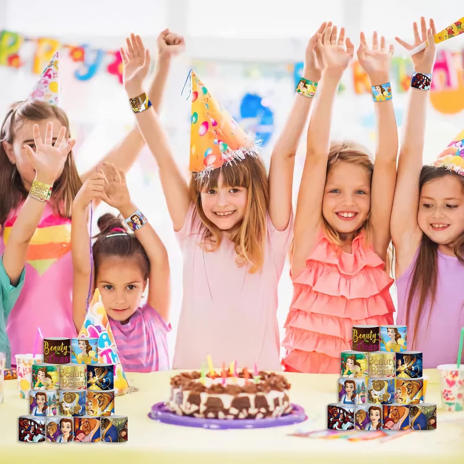 Juego de 86 pulseras de la Bella y la Bestia, incluye 36 pulseras y 50 calcomanías de La Bella y la Bestia, recuerdos de fiesta de cumpleaños con