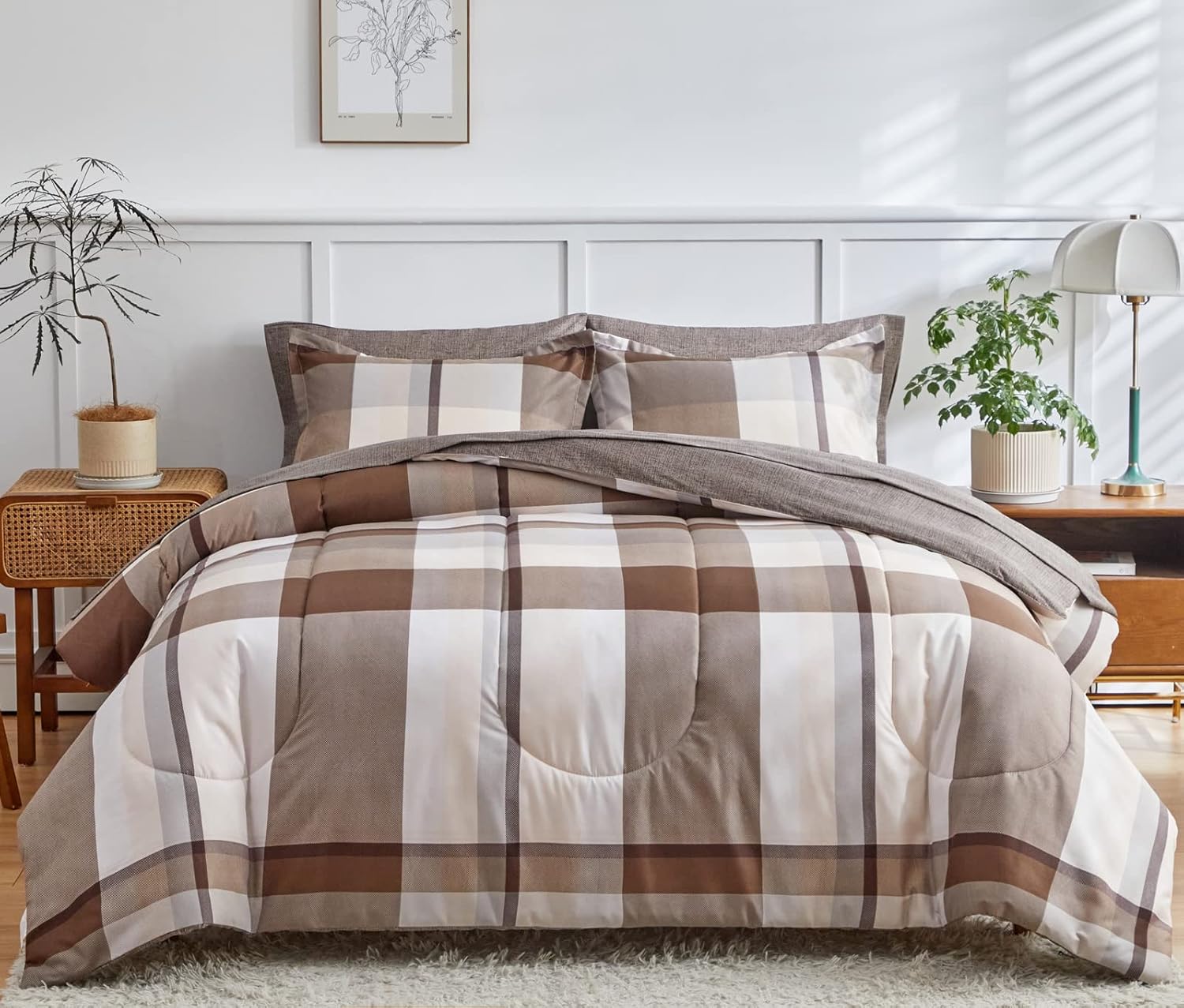 AIKASY Bed in a Bag – Juego de edredón reversible de microfibra suave de 6 piezas, diseño a cuadros marrones, para todas las estaciones (1 edredón,