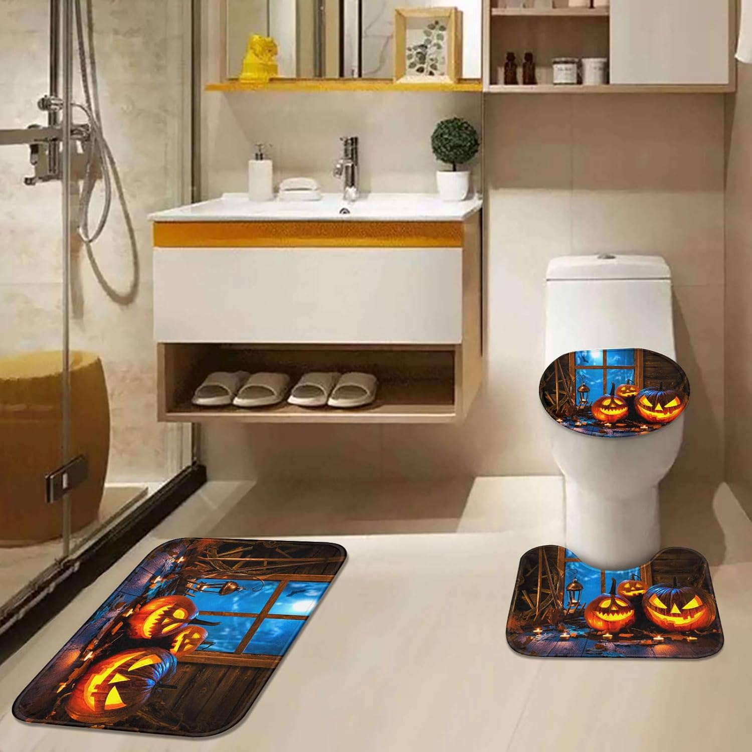 Juego de 3 alfombras y tapetes de baño de calabazas de Halloween, tapetes de baño de terror espeluznante antideslizantes, tapete de baño de espuma