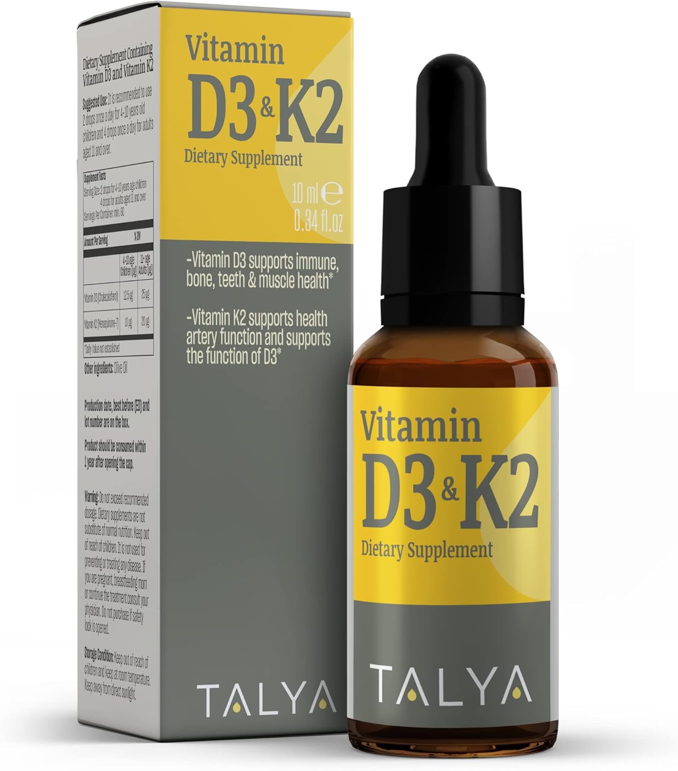 TALYA Suplemento dietético de vitamina D3 y K2 0.34 fl. oz  Apoya la salud inmunológica, ósea, dientes y musculares  Apoya la salud de la función