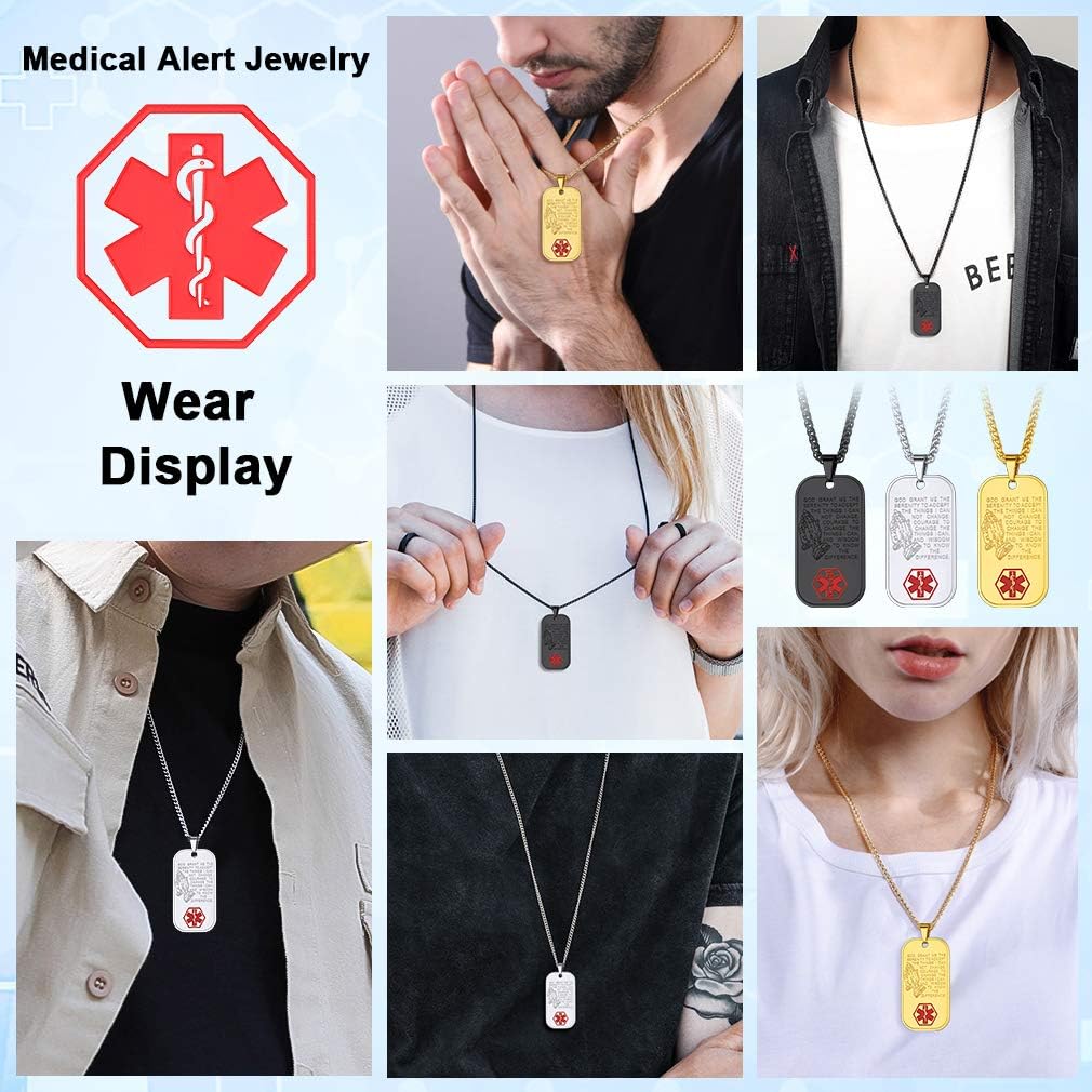 FaithHeart Collar de identificación de alerta médica, acero inoxidablechapado en oro de 18 quilates con colgante de identificación de emergencia