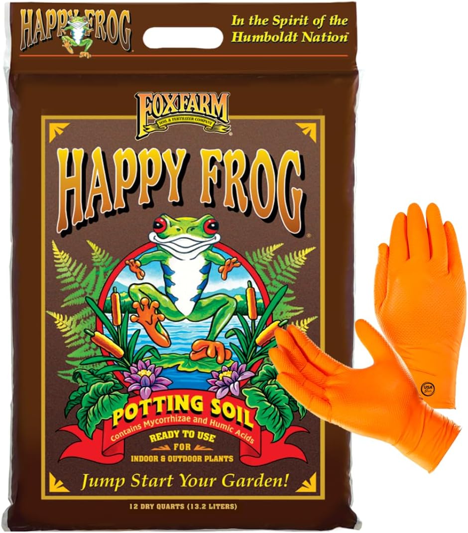 Suelo para macetas enriquecido con rana feliz nutre tu jardín de contenedores con magia microbiana y bondad orgánica, con guantes USA Supply (29.1