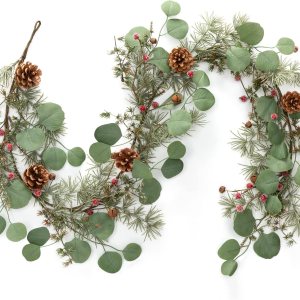 LOHASBEE Guirnalda de Navidad artificial, guirnalda de eucalipto de cono de pino de 5 pies con nieve, bayas rojas, campanas con purpurina para LOHASBEE Guirnalda de Navidad artificial, guirnalda de eucalipto de cono de pino de 5 pies con nieve, bayas rojas, campanas con purpurina para