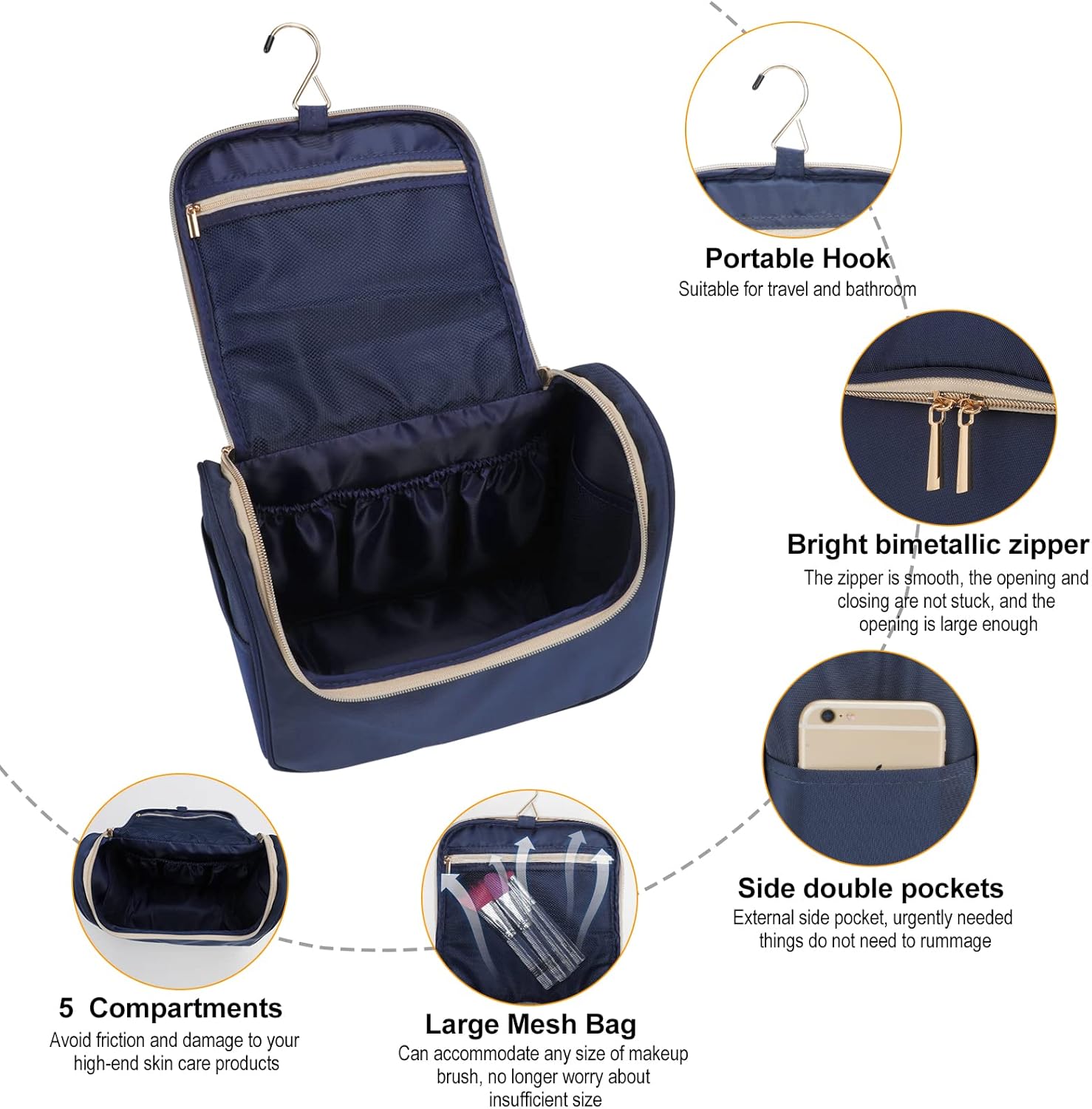 CCidea Bolsa de maquillaje para mujer, bolsa de aseo de viaje grande mejorada para niñas, organizador de maquillaje reutilizable (azul marino)