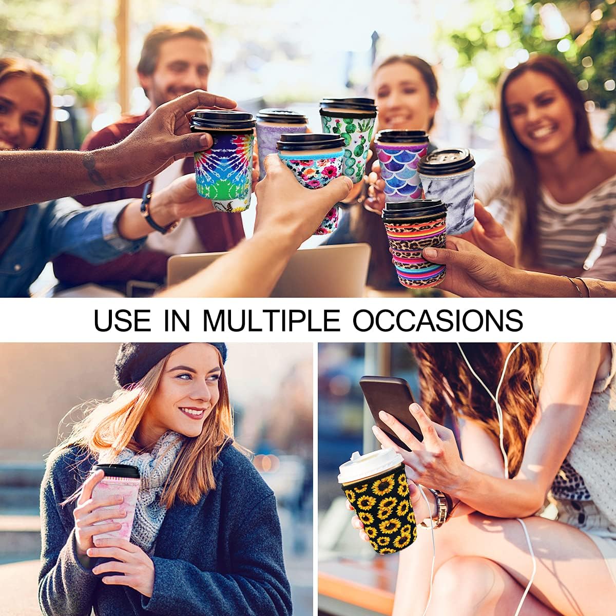 Paquete de 3 fundas reutilizables de neopreno reutilizables para taza de café helado, fundas reutilizables para bebidas frías y calientes (sirena)