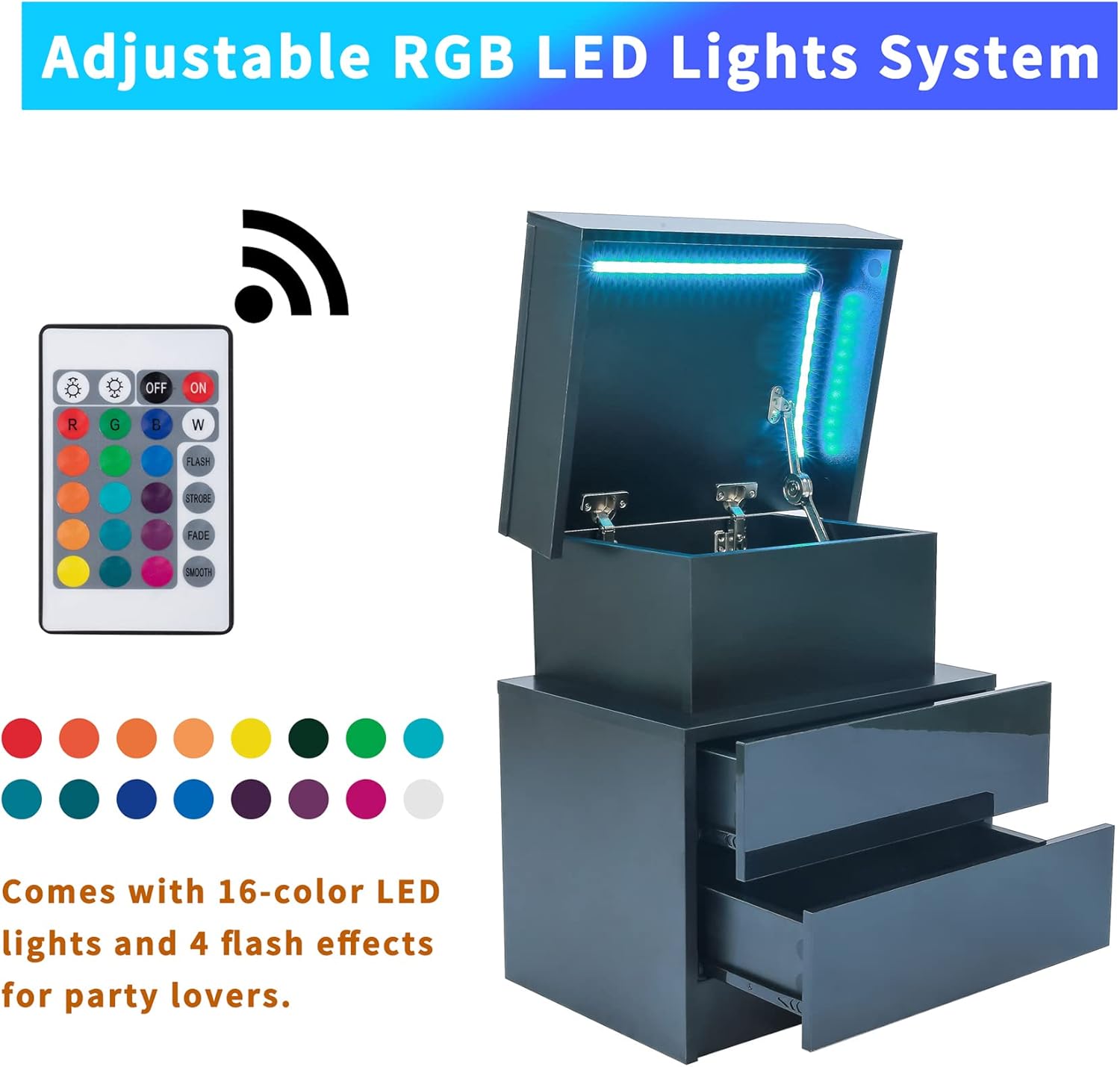Juego de 2 mesitas de noche LED con tapa abatible y cajones, mesitas de noche negras con luces LED multicolor y 2 cajones de alto brillo, moderna