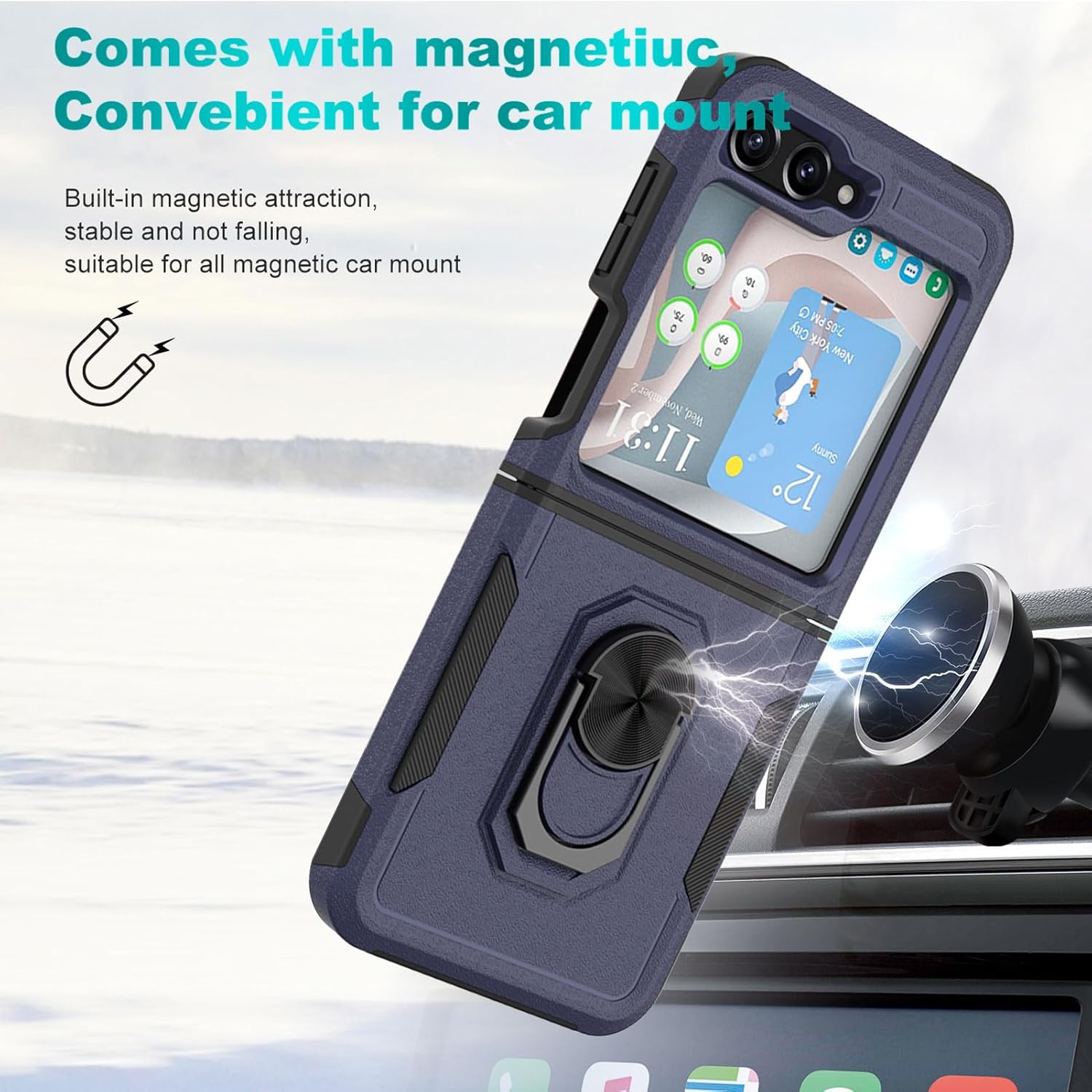 Ailiber Funda para teléfono Galaxy Z Flip 5, funda Samsung Galaxy Z Flip5 con protector de pantalla, soporte de anillo para montaje magnético de
