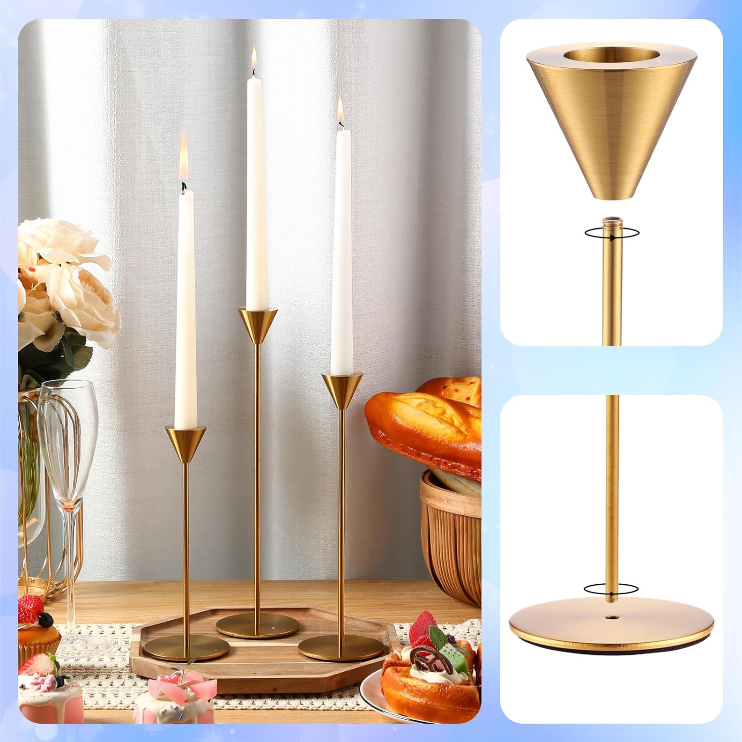 Mifoci Juego de 30 portavelas cónico dorado a granel de metal a granel para decoración de bodas, fiestas, aniversarios, comedores, se ajustan a