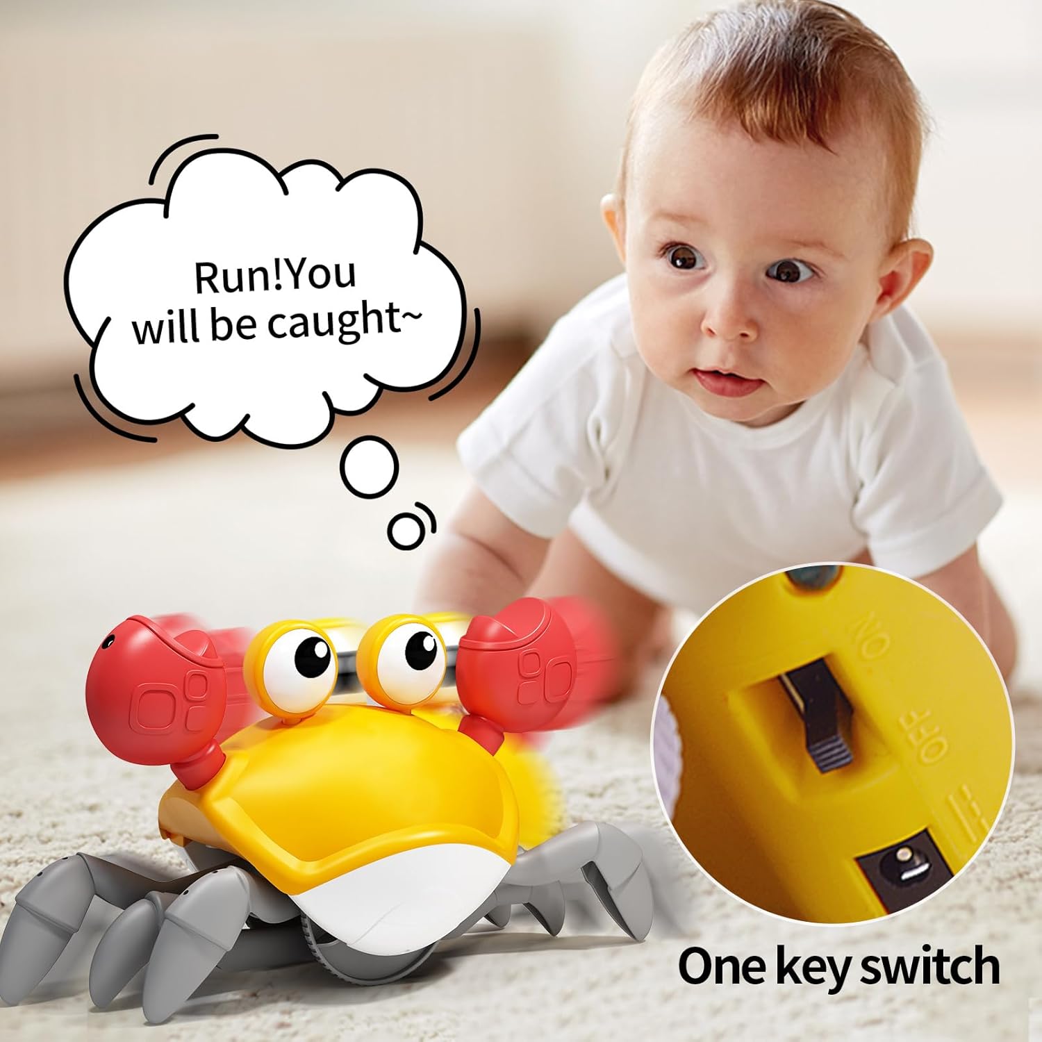 Deejoy Juguetes de cangrejo amarillo con luz, juguete musical interactivo con evitar obstáculos automáticamente, recargable por USB, divertido