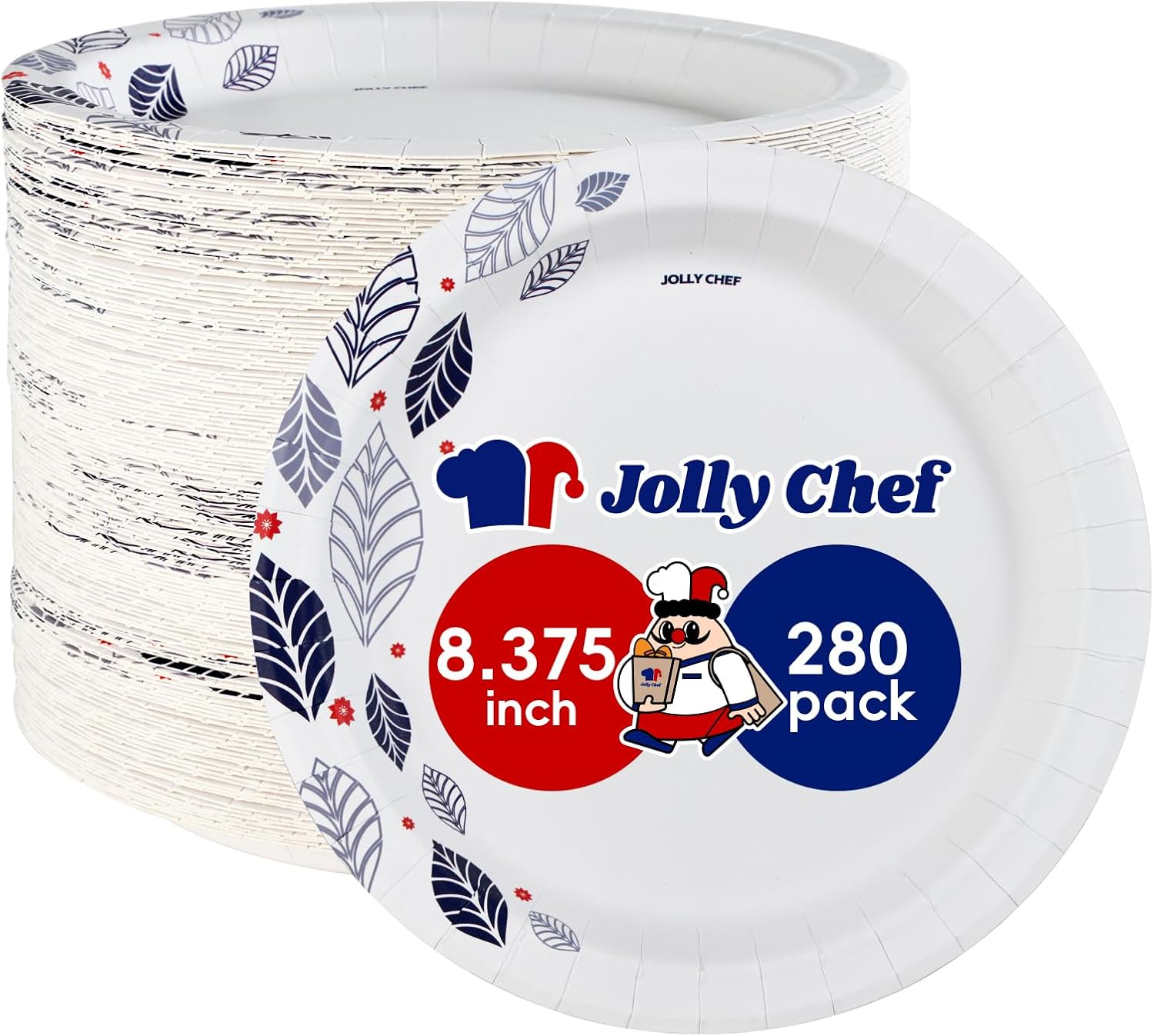 JOLLY CHEF 280 platos de papel de 8 pulgadas, a prueba de remojo, a prueba de cortes, platos de papel desechables impresos de hojas resistentes para