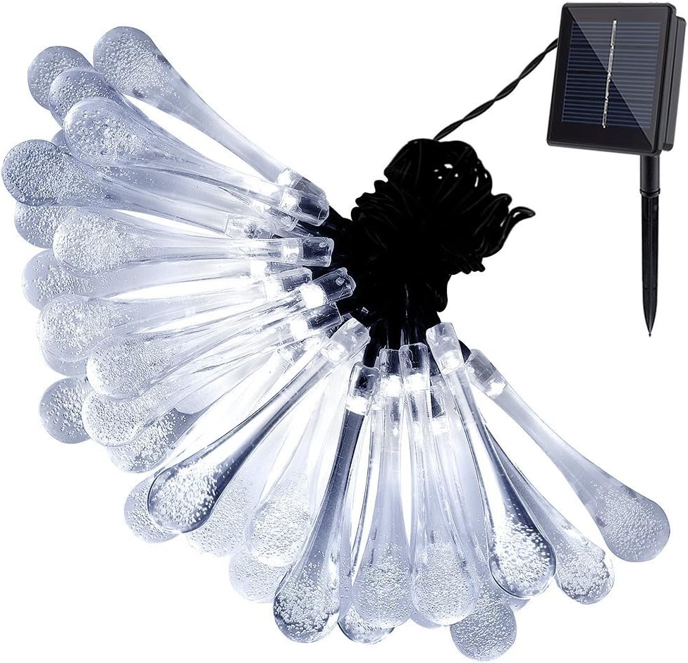 Hann Guirnalda de 30 luces LED solares, 20 pies, luces coloridas de gota de agua, luces de hadas de lluvia, luces estrelladas, luces solares