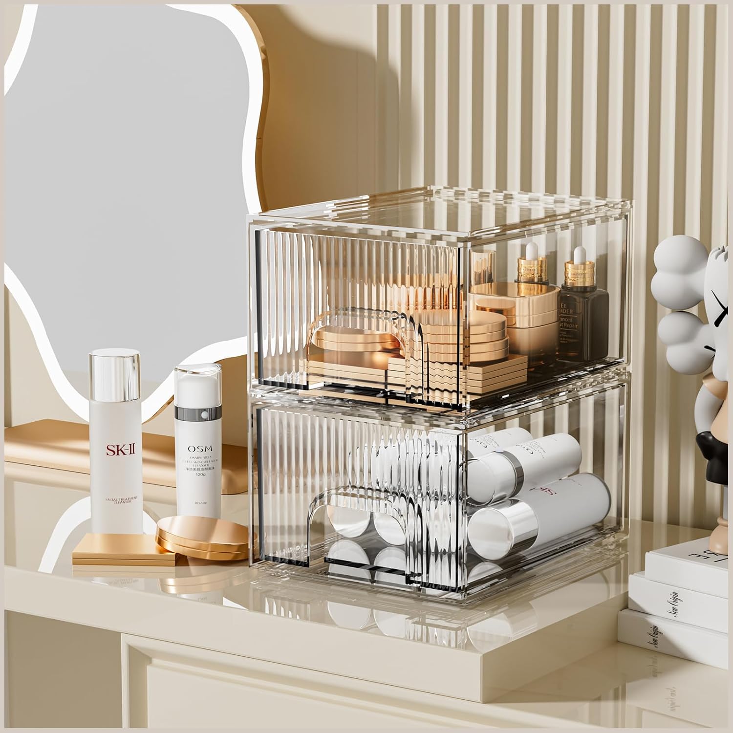 ZHIAI Juego de 2 cajones organizadores de maquillaje apilables a rayas, organizador de baño de plástico, caja de almacenamiento de cosméticos para