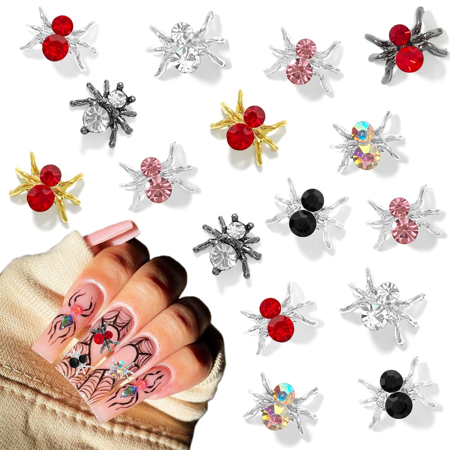 36 dijes de uñas de Halloween de aleación, dijes de araña, dorados, plateados, rojos, negros, arañas, joyas brillantes y coloridas, diseño de