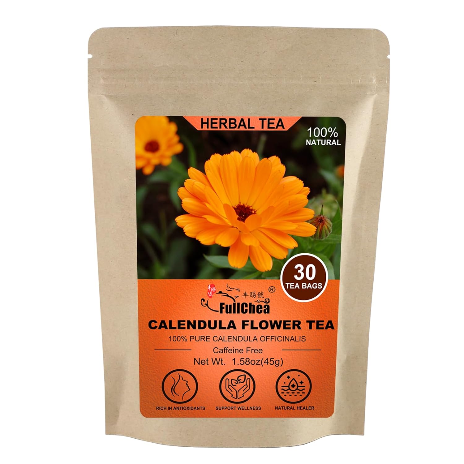 FullChea – Té de flores de caléndula secas, 30 bolsitas de té, 0.05 ozbolsa – Té de caléndula premium para la salud de la piel y el bienestar – Sin