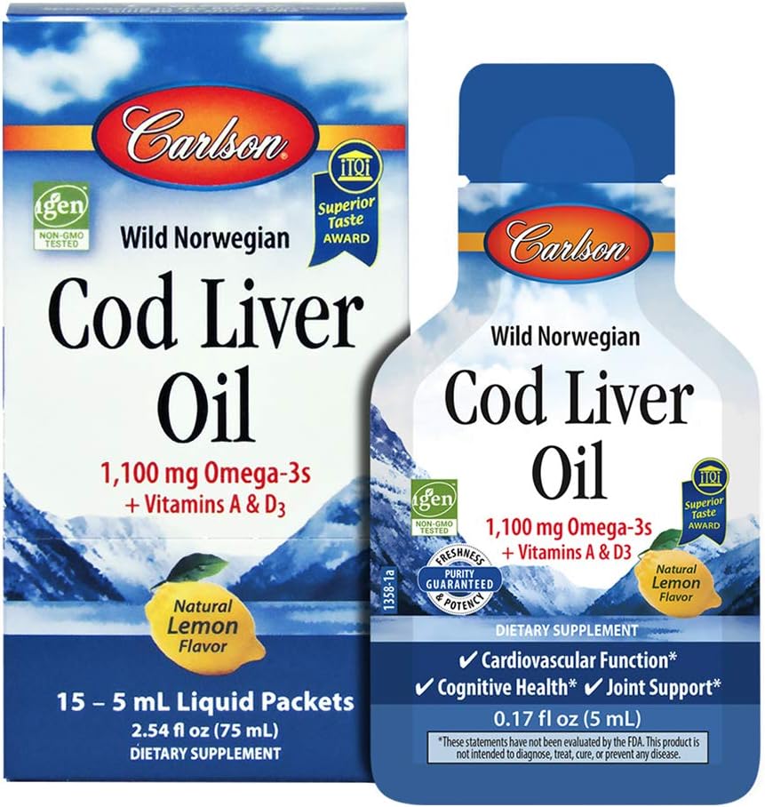 Carlson – Paquetes de aceite de hígado de bacalao Grab + Go, paquetes de viaje, Rip & Sip, de una sola porción, 1100 mg de omega-3, más vitaminas A