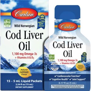 Carlson – Paquetes de aceite de hígado de bacalao Grab + Go, paquetes de viaje, Rip & Sip, de una sola porción, 1100 mg de omega-3, más vitaminas A Carlson – Paquetes de aceite de hígado de bacalao Grab + Go, paquetes de viaje, Rip & Sip, de una sola porción, 1100 mg de omega-3, más vitaminas A
