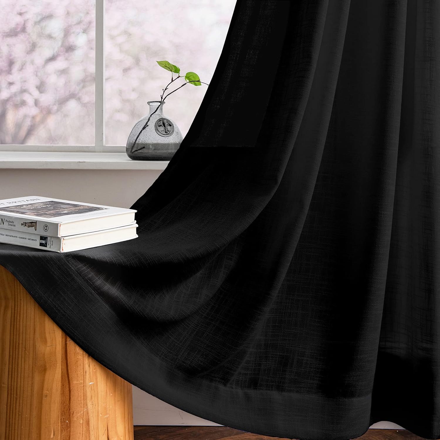 Melodieux Cortinas semitraslúcidas con textura de lino negro de 96 pulgadas de largo para sala de estar, dormitorio, cortinas de gasa con bolsillo