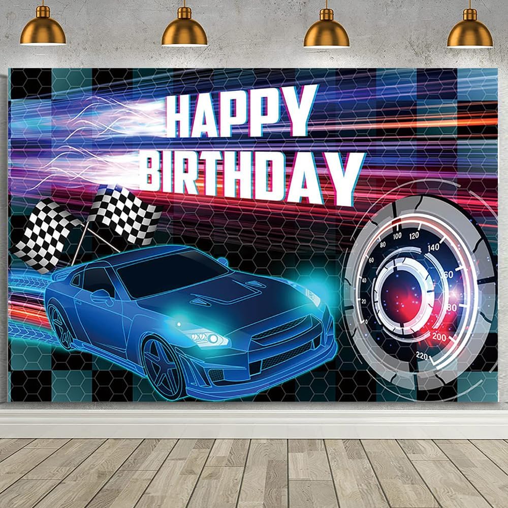 MEHOFOND Telón de fondo de 8 x 6 pies, fondo azul para fotos de fiesta de carreras para niños, decoración de fiesta de coches, pancarta azul de
