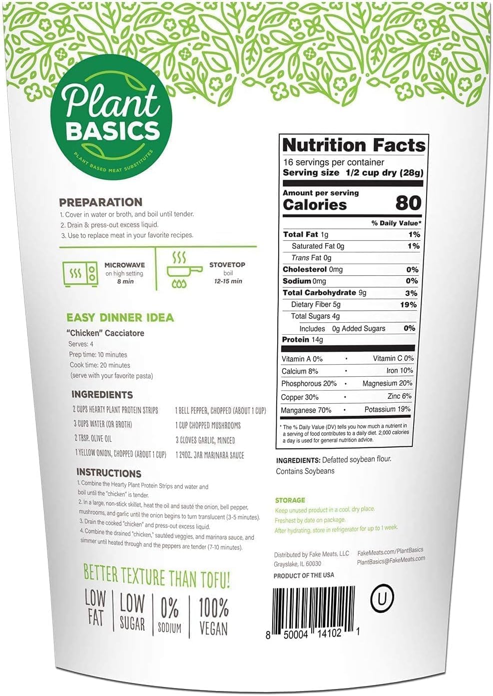 Plant Basics – Proteína vegetal abundante, tiras sin sabor, 1 libra (paquete de 2), sin OMG, sin gluten, baja en grasa, baja en sodio, vegano,