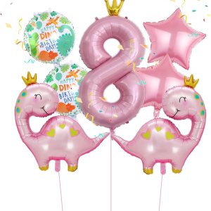 7 globos de dinosaurio con corona rosa, globos de aluminio de Mylar con número de cumpleaños de dinosaurio rosa, suministros de fiesta de 8 7 globos de dinosaurio con corona rosa, globos de aluminio de Mylar con número de cumpleaños de dinosaurio rosa, suministros de fiesta de 8