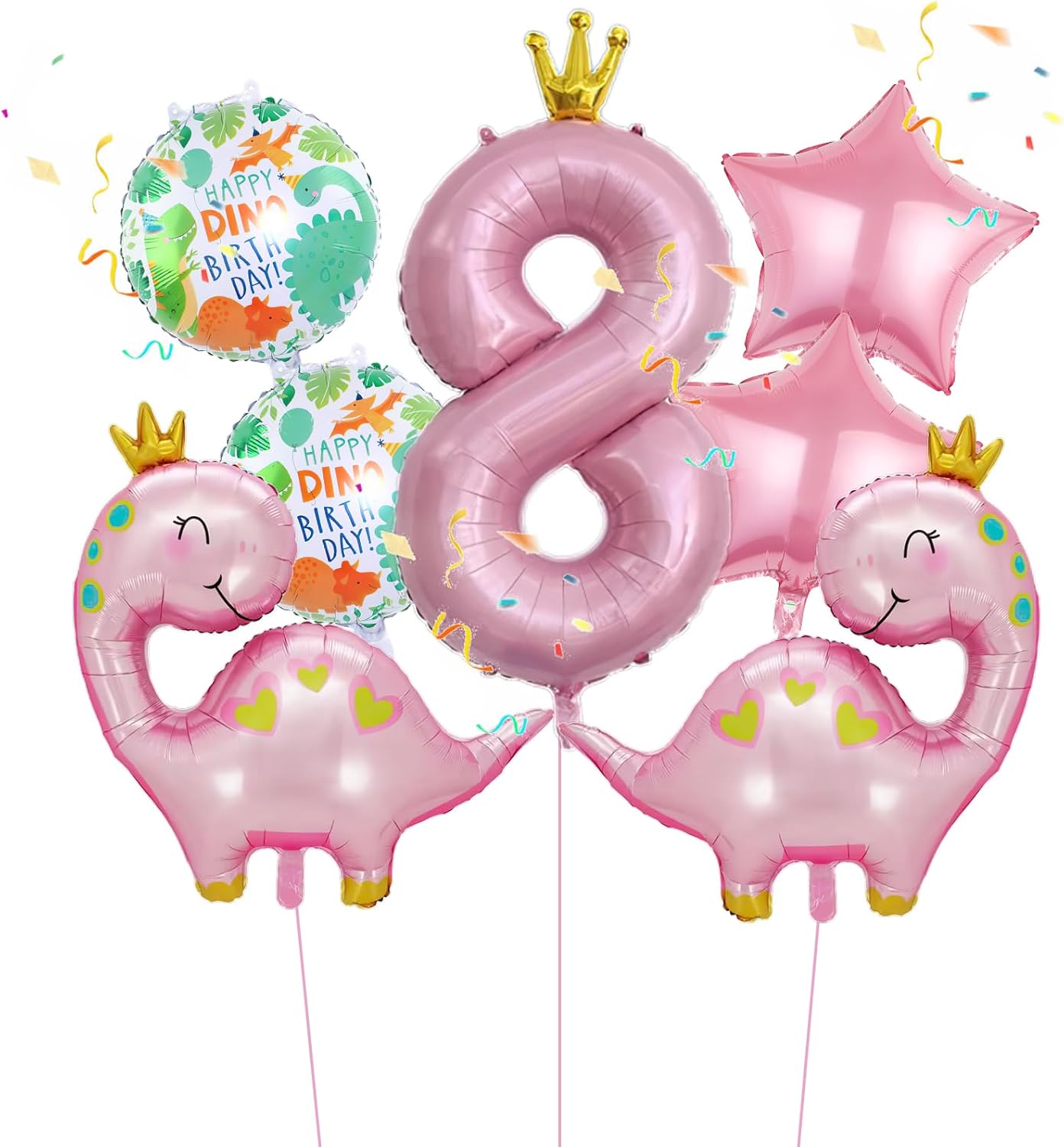 7 globos de dinosaurio con corona rosa, globos de aluminio de Mylar con número de cumpleaños de dinosaurio rosa, suministros de fiesta de 8