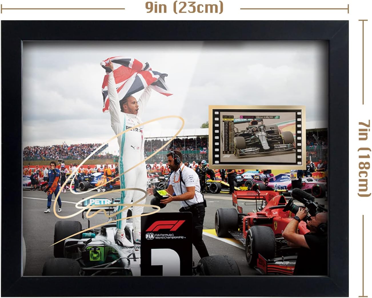ORIMAMI Póster firmado de Lewis Hamilton con marco de madera para decoración fotográfica, con película G P 2020 de 0.039 x 1.378 in, regalos