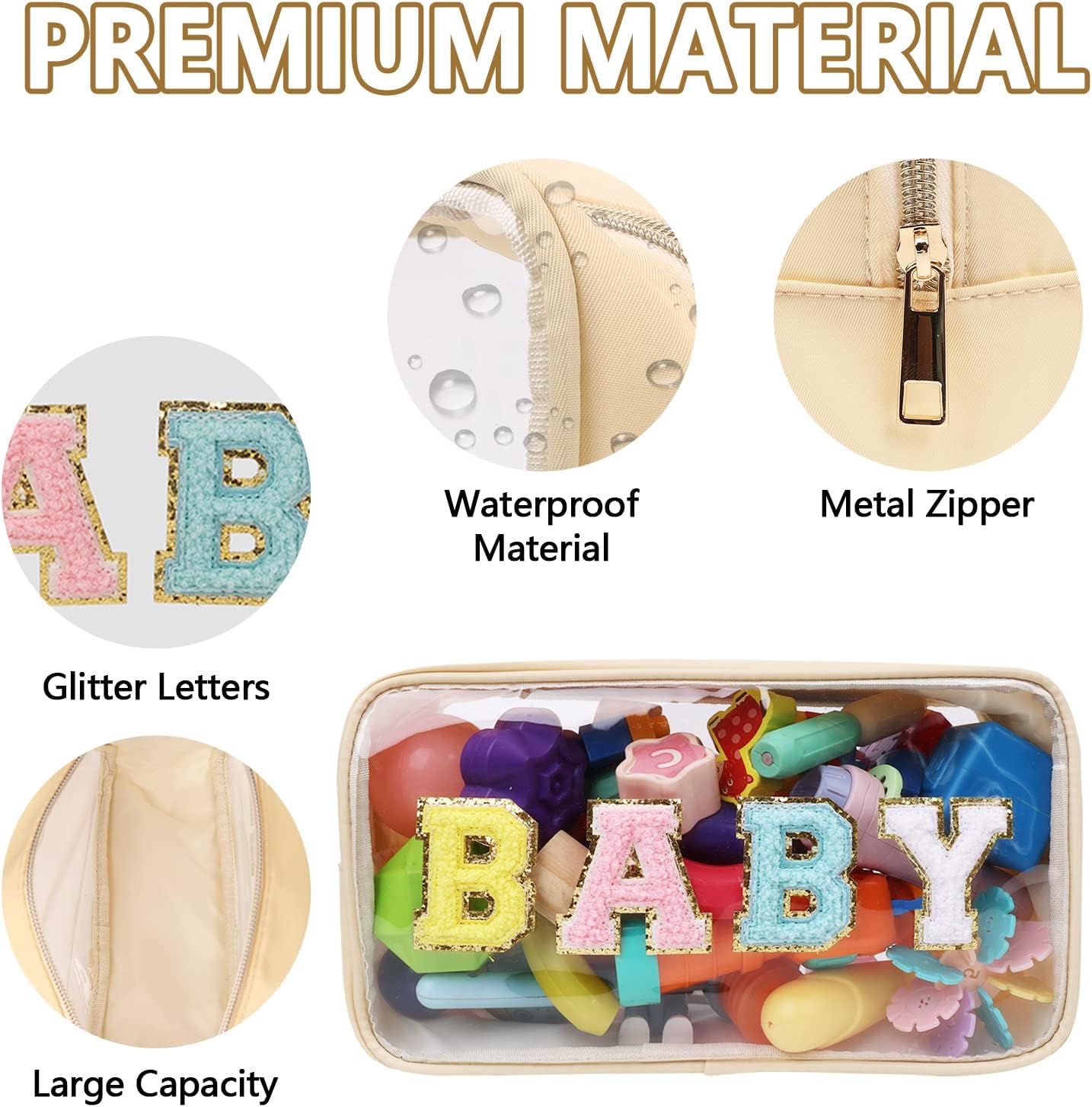 Iqimott Preppy Patch – Bolsa de maquillaje transparente para mujer, bolsa de cosméticos con letras de chenilla para viajes, Bebé-Beige, Viajes