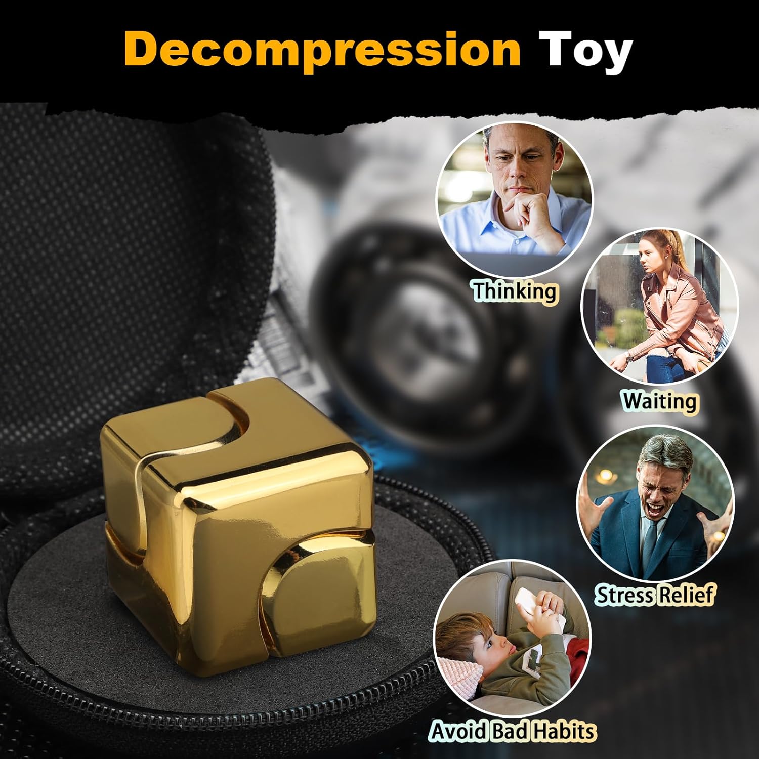 Dilabnba Cubo de metal Fidget Spinner Toy para niños adultos, cubo dorado Fidget Block Figner Spinner Focus 2 en 1 Spinning para niños 3-12, mini