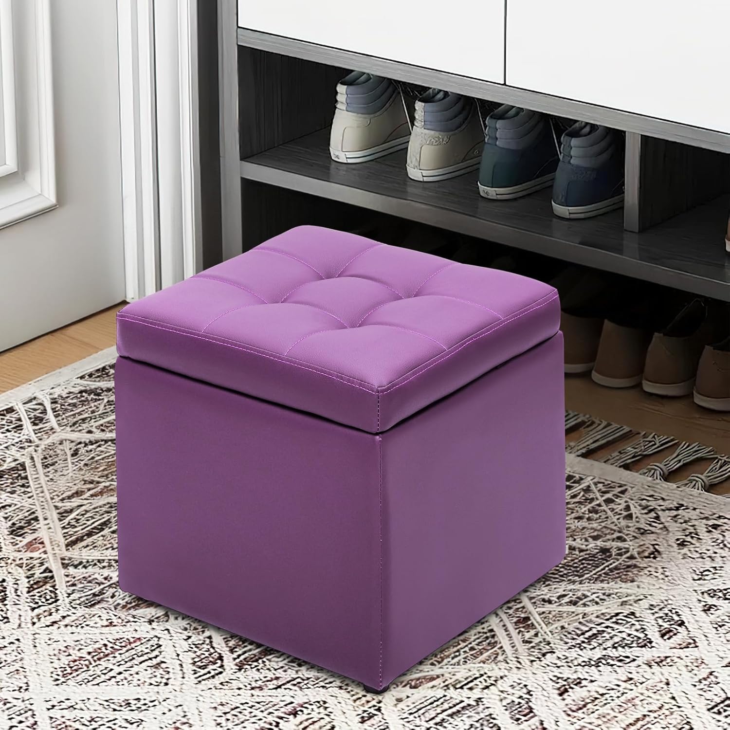 MoNiBloom Otomana pequeña con almacenamiento, moderna de 15.5 pulgadas, de piel sintética, color morado, con tapa abatible, reposapiés con tapa con