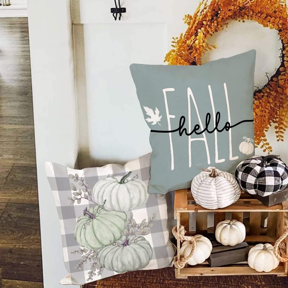 Faromily Juego de 4 fundas de almohada de calabaza otoñal de 18 x 18 pulgadas, diseño de búfalo gris, acuarela, calabaza, camión, granja, fundas de