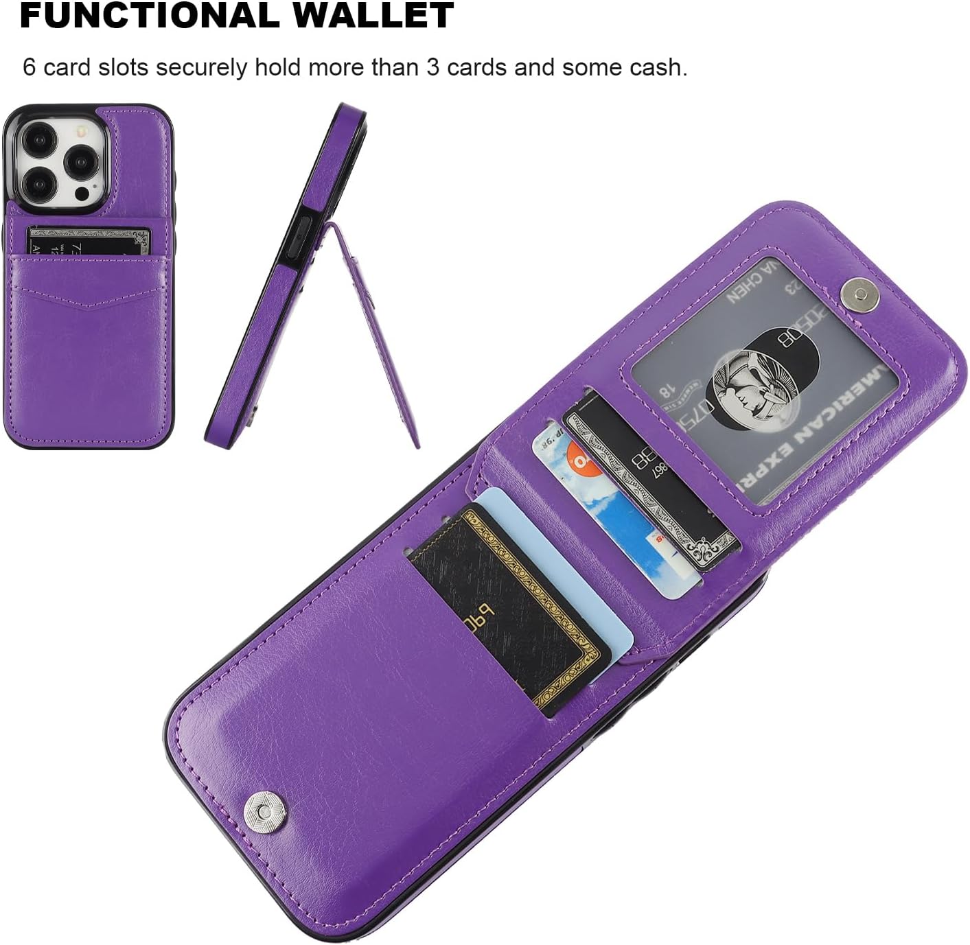 KIHUWEY Funda compatible con iPhone 15 Pro con soporte para tarjeta de crédito, cierre magnético de cuero de alta calidad, función atril, funda